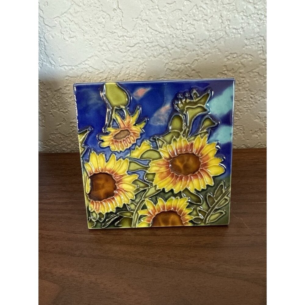 Cobalt Blue Pottery Tile Painted Handmade Sunflowers Artwork Paint Display
